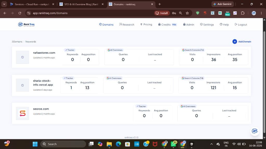 Rank Traq web app domains dashboard