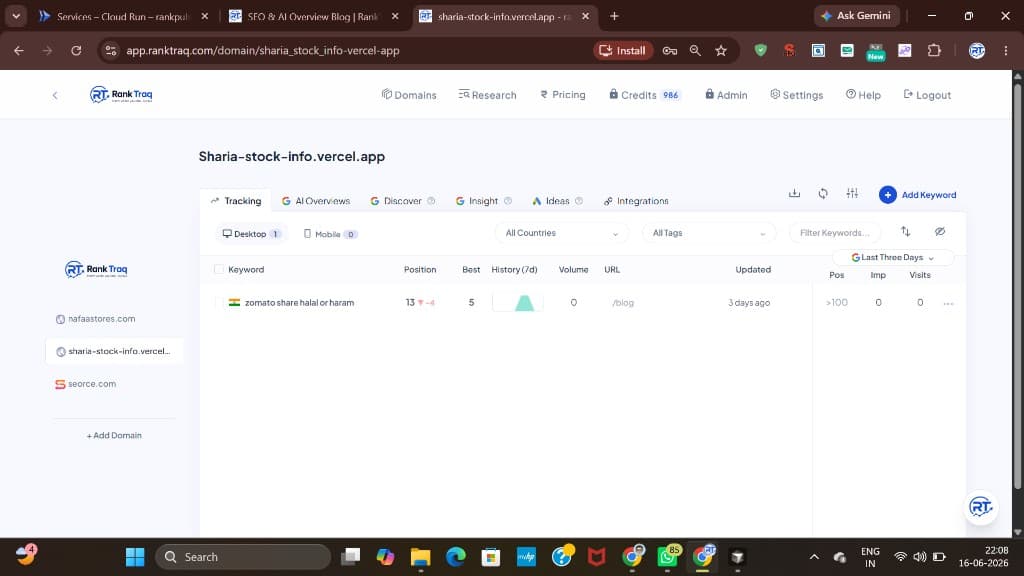 Rank Traq keyword tracking dashboard
