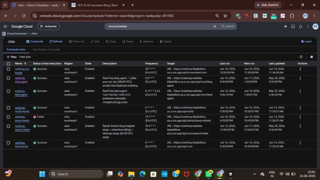 GCP Cloud Scheduler cron jobs for agents and tracking